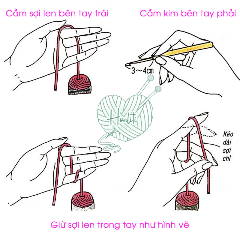 Hướng dẫn cách cầm kim móc và cầm sợi len