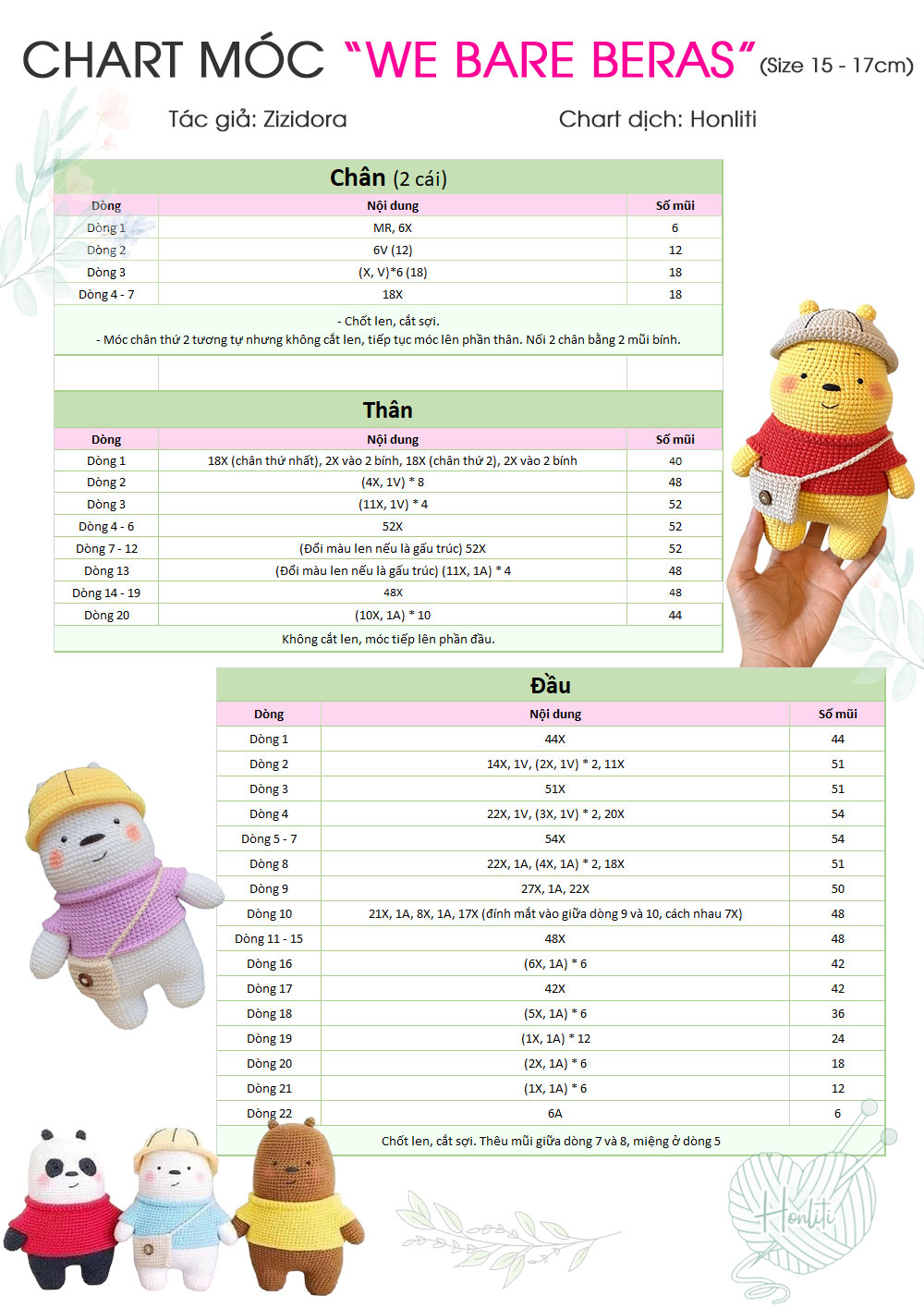 Chart móc 3 chú gấu phần chân, thân và đầu