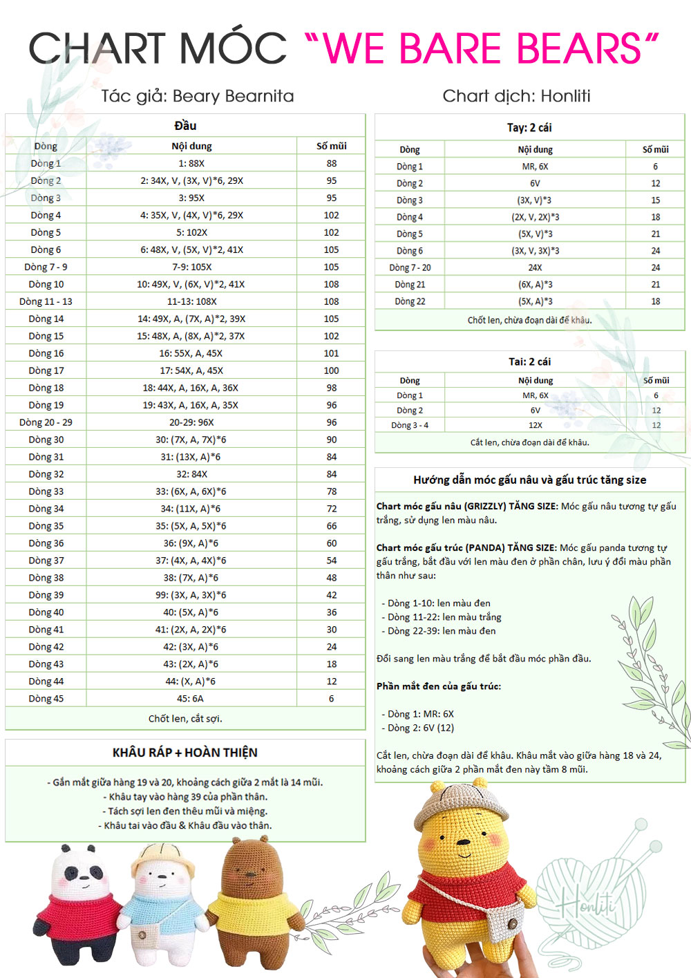 Chart móc We are Bear bản tăng size (phần đầu, tay, tai)