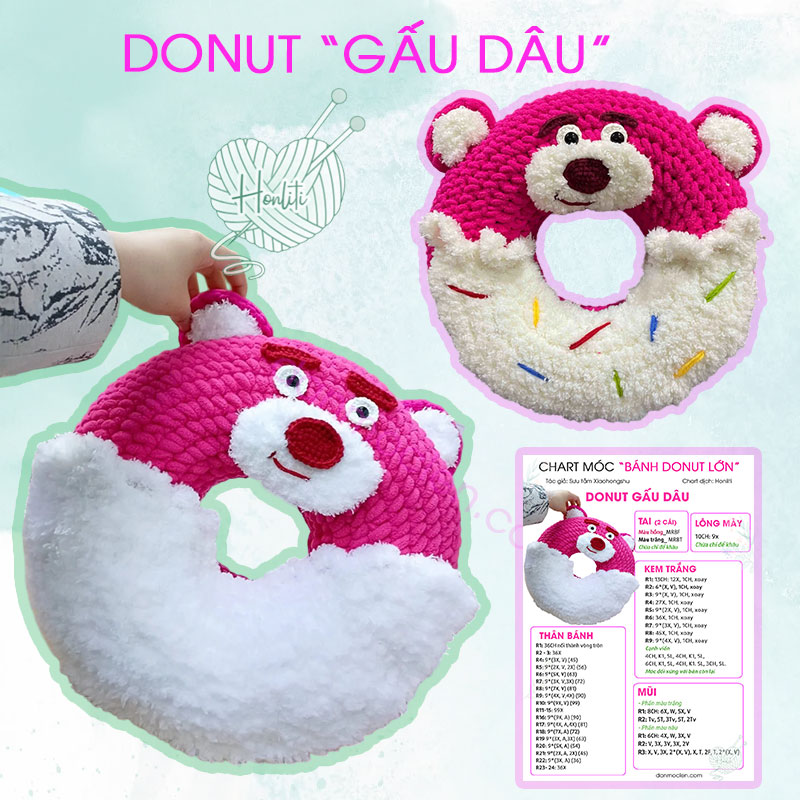 Chart móc gối Donut "Gấu dâu" size lớn