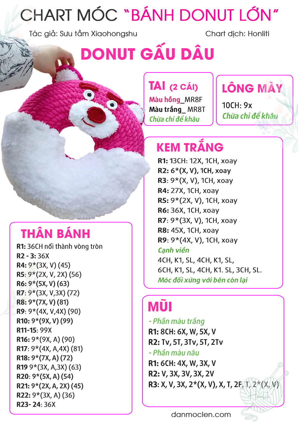 Chart móc Gối Donut “Gấu dâu” size lớn Tiếng Việt